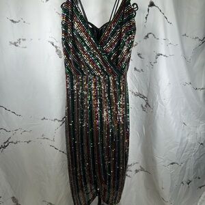 Betsey Johnson Sequin Striped Dress Wrap Rainbow Cocktail Party Spaghetti Strap